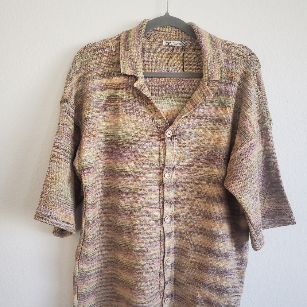 Zara Striped Knit Button-Up Shirt